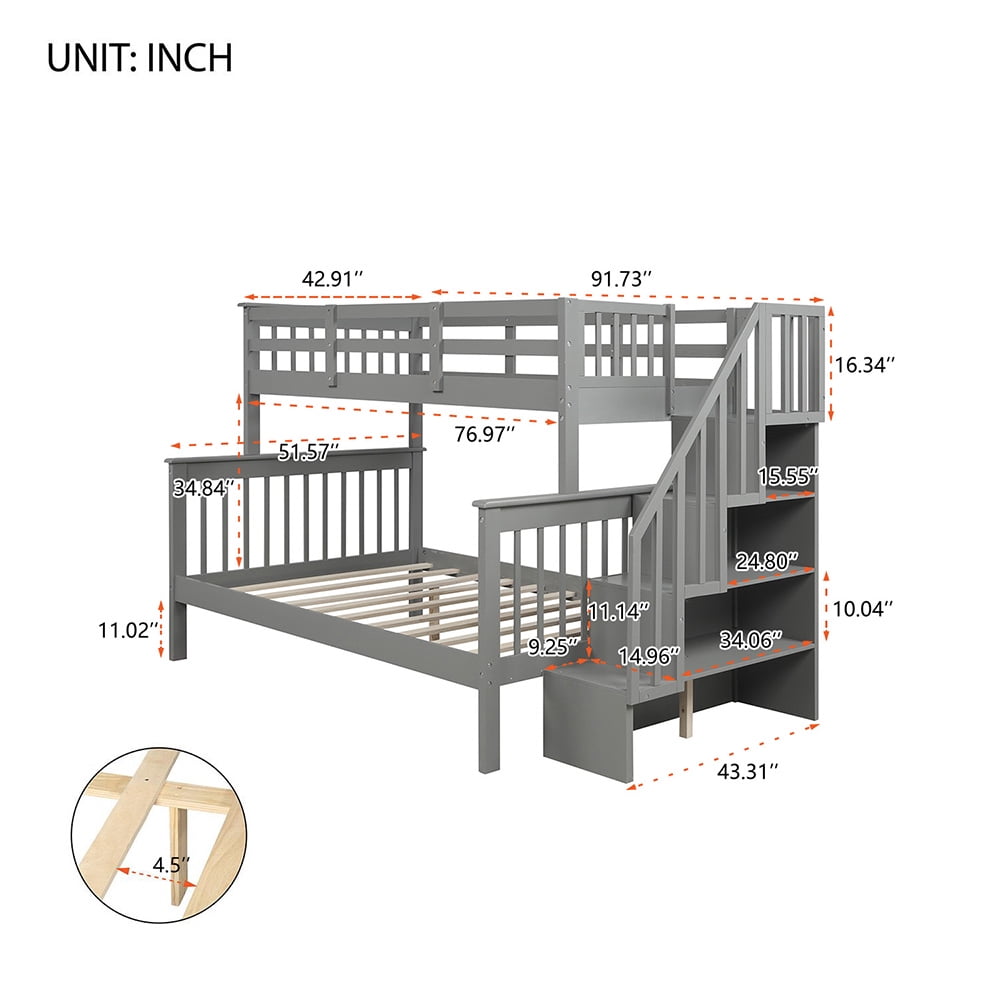 Private Jungle Twin Full Bunk Beds with Storage and Guard Rail, Solid Wood Bunk Bed for Bedroom, Gray