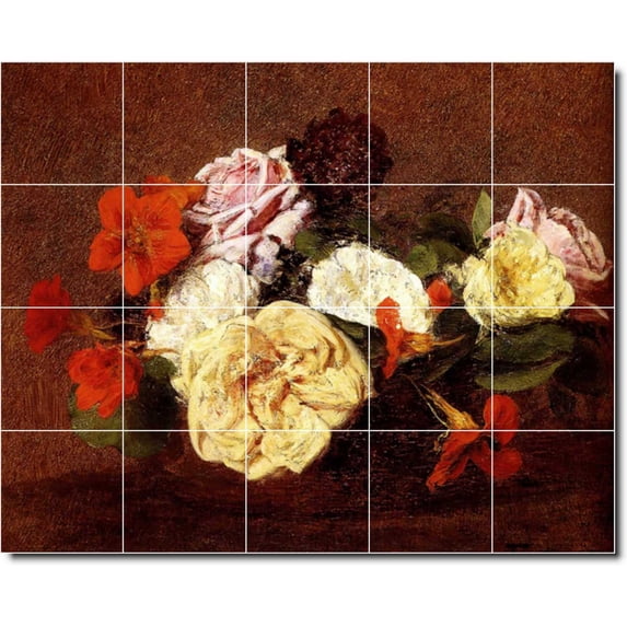 Ceramic Tile Mural-Henri Fantin-Latour Flowers Custom Tile Mural 23. 21.25" w x 17" h using (20) 4.25 x 4.25 ceramic tiles
