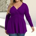 thumbnail image 2 of Plus Size V Neck Long Sleeve Tops for Women Solid Color Casual Pleated T-shirt Spring Autumn Lightweight Blouse,Female Plus Size Slim Fit Pullover Tops,L-36XL, 2 of 5