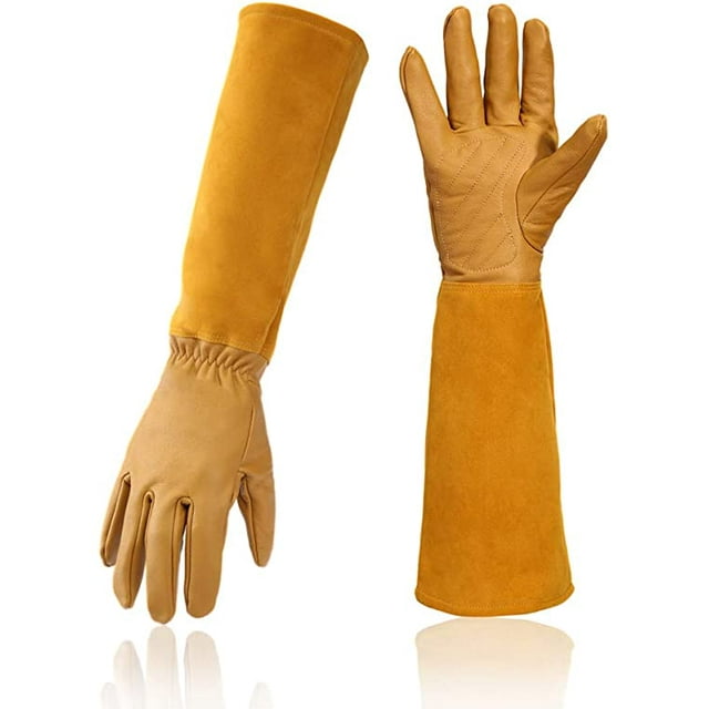 Guantes de jardinería de cuero de manga larga, resistentes a los pinchazos, guantelete de cuero transpirable, guantes de jardín de poda floral de rosas para mujeres y hombres - marrón brillar Hogar