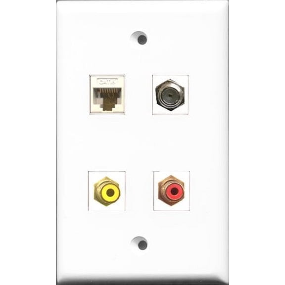 RiteAV 1 Port RCA Red and 1 Port RCA Yellow and 1 Port Coax Cable TV- F-Type and 1 Port Cat6 Ethernet White Wall Plate