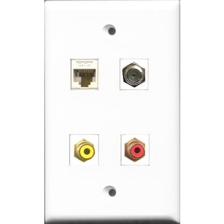RiteAV 1 Port RCA Red and 1 Port RCA Yellow and 1 Port Coax Cable TV- F-Type and 1 Port Cat6 Ethernet White Wall Plate