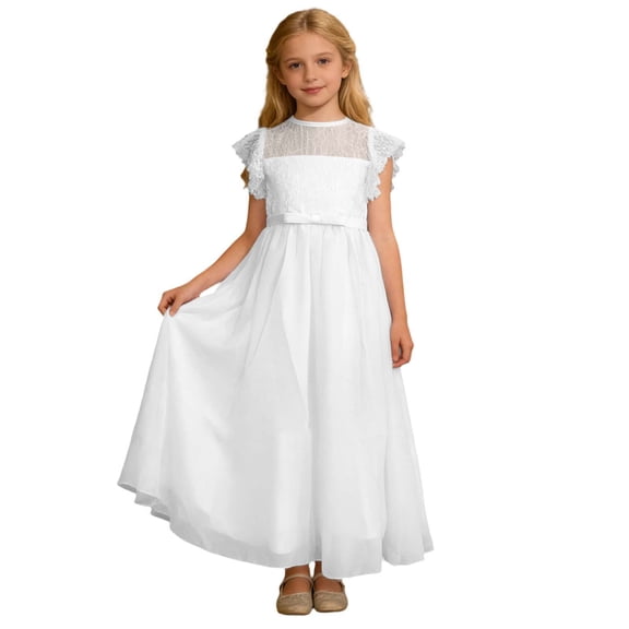 xfsWaSs Flower Girl Dress Elegant Lace Party Dress Ruffle Sleeve Formal Wedding Pageant Party Tulle Long Dresses Flowy Pageant Gown Performances 10-11 Years