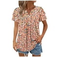 thumbnail image 2 of JTZGDY Ruffled Double Layer Short Sleeve V Neck Ruched Pleated Tunic Blouse for Women Loose Fit Boho Floral Print Dressy Casual Graphic Basic Tees Shirt Tops Pink#02 XXL, 2 of 8