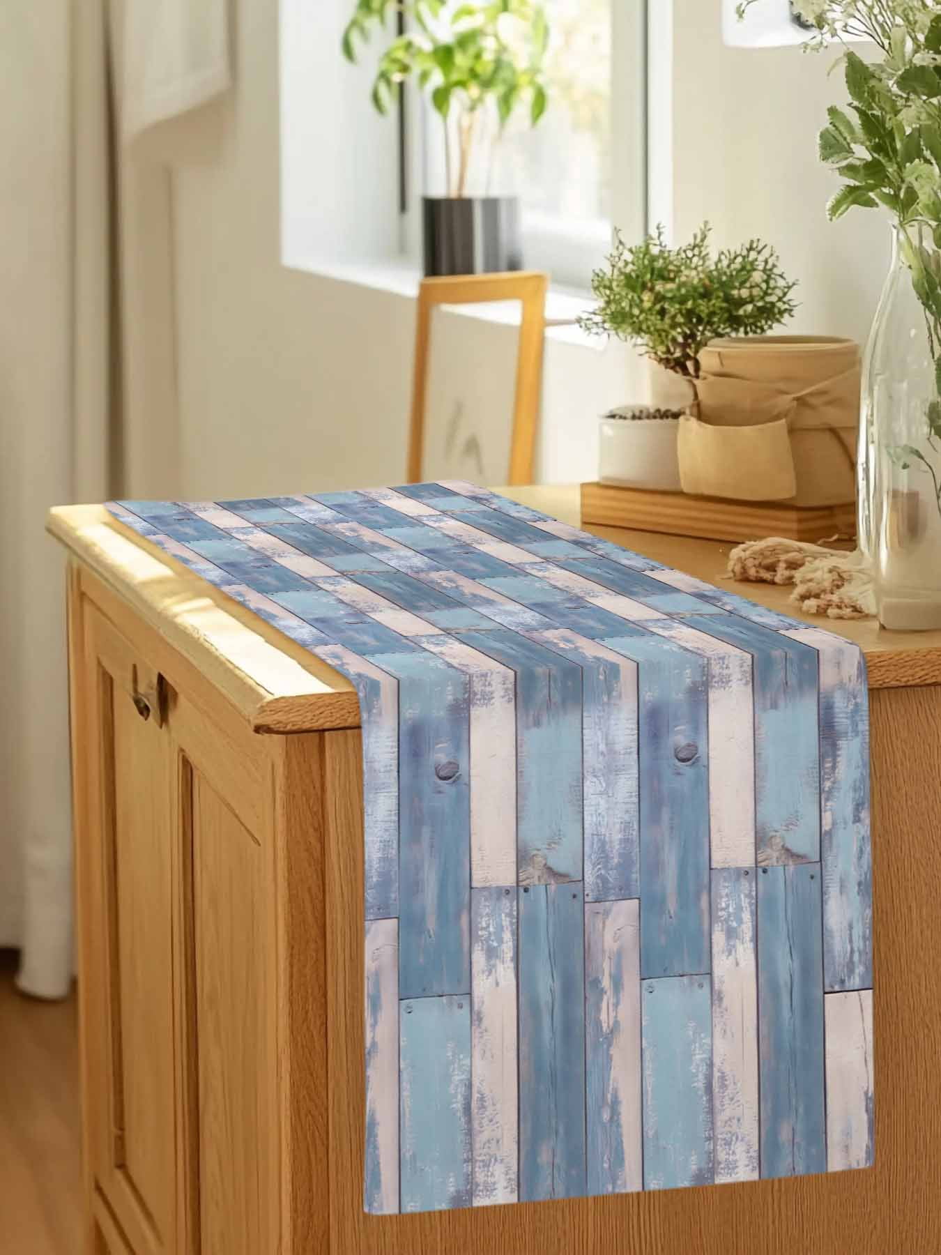 Blue Vintage Wood Grain Table Runner 90 Inches Long, Abstract Farmhouse Wooden Table Runners Tabletop Scarf Kitchen Dining Tables Decoration for Home Party Indoor Outdoor