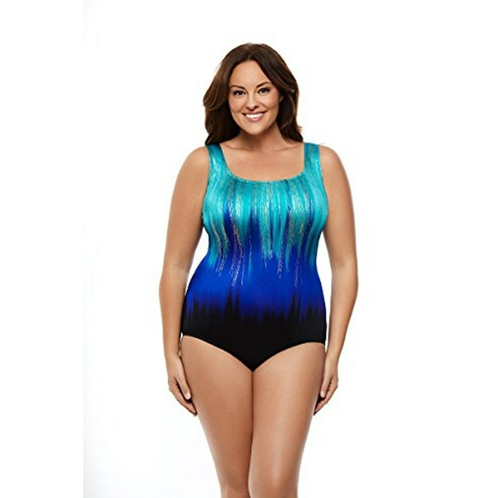 Longitude Longitude Swimwear Plus Size Shimmermist 3X Back One Piece Swimsuit, Jade, 24W