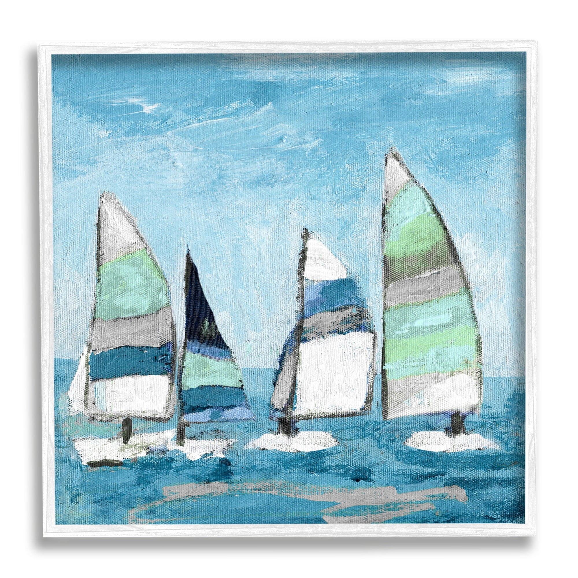 Stupell Industries Floating Striped Sailboats Clear Blue Sky Painting Painting White Framed Art Print Wall Art, Design by Katrina Craven