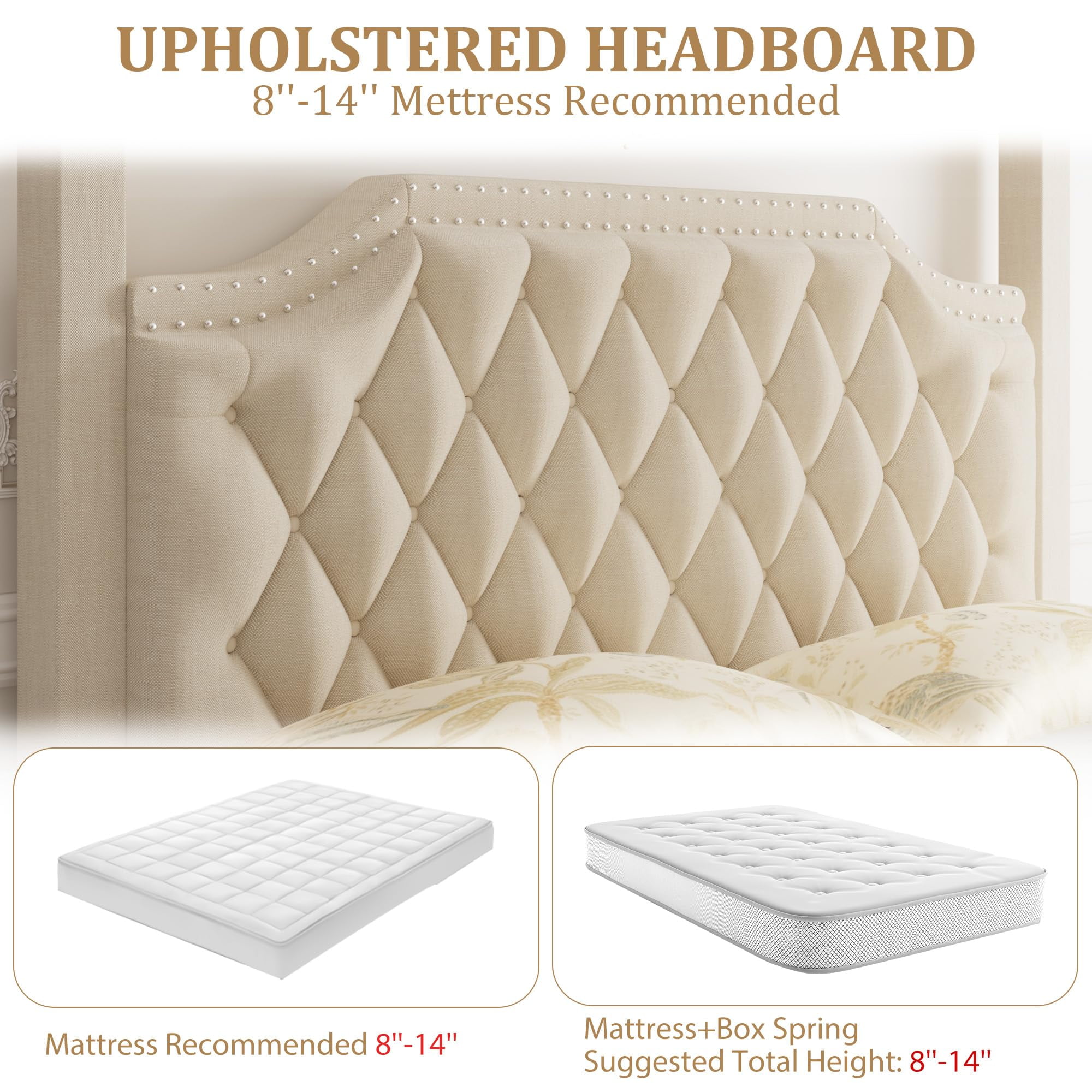 Queen Size Canopy Bed Frame with Nailhead Decoration Headboard，Upholstered Bed Frame with Poles 4 Corner Bed Bracket,Solid Wood Slats Support,Beige