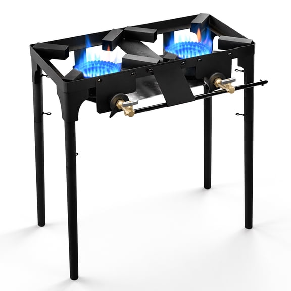 GasOne Double Propane Burner with Adjustable Height 4-Tier Removable Legs for Outdoor Cooking – High Pressure PSI Regulator Camping Accessories Camp Stove – Cast Iron Portable Stove Top
