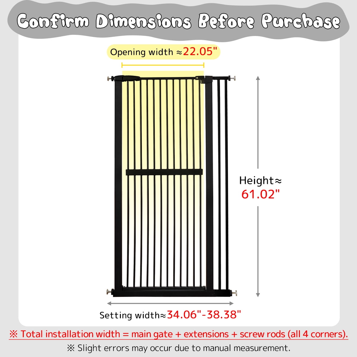 Lumizone Extra Tall Pet Gate 61.02" High Pressure Mounted 34.06"-38.38" Extra Wide 1.37" Gap for Cat Dog Children Stairs Doorway Hallway No Drilling Auto-Close (34.06"-38.38", Black)