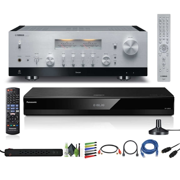 Yamaha R-N2000A 2.1-Channel Network Stereo Receiver (Silver) Bundle With DP-UB820-K HDR 4K UHD Network Blu-ray Player   Cat5e Ethernet Patch Cable Stranded - Black   More