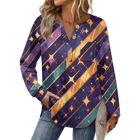 Mardi Gras Shirts Womens Sparkly Mask Print Long Sleeve Tunic Tops Glitter V Neck Purple T Shirts Multicolor M
