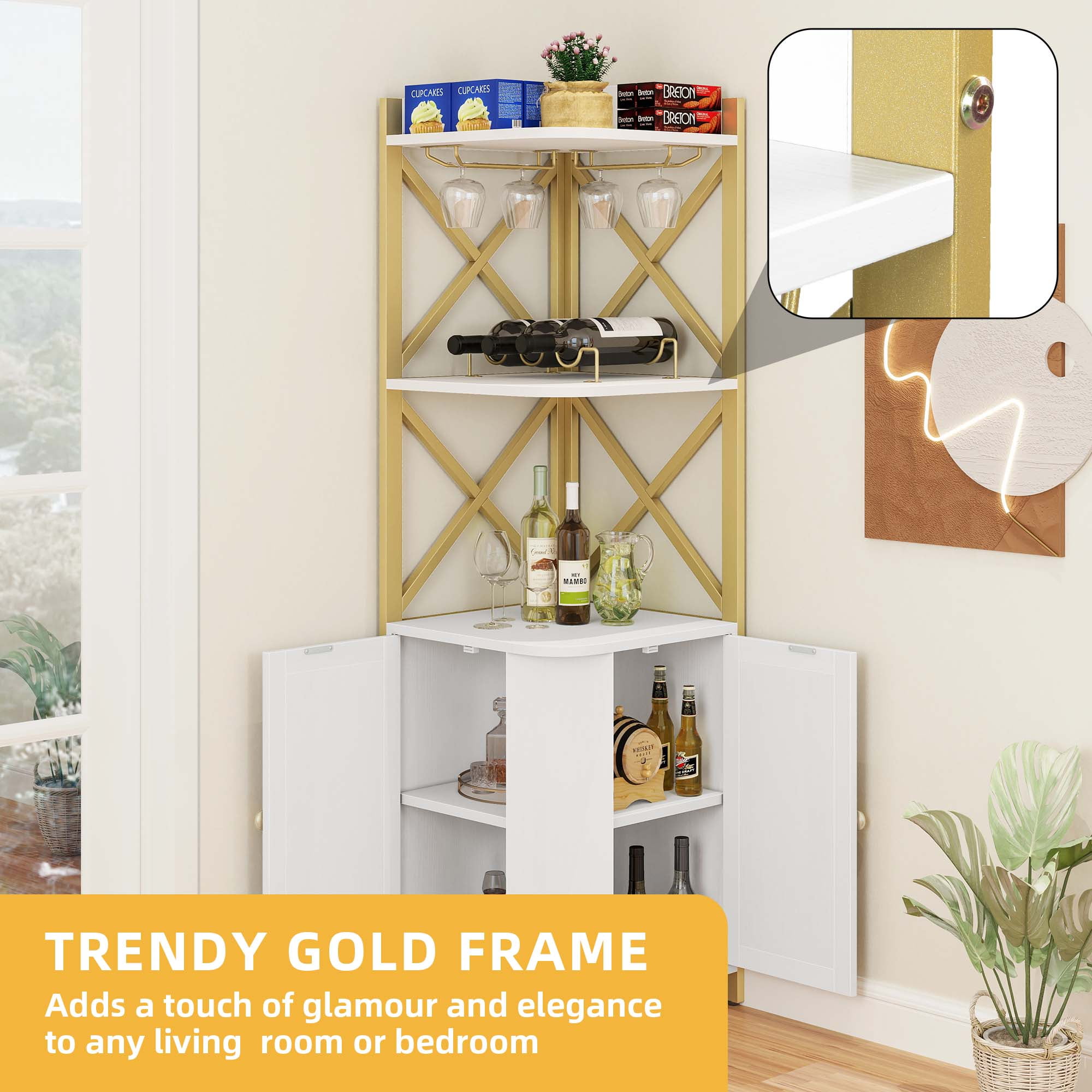 Dextrus 62.8" Corner Bar Cabinet for Liquor and Glasses, Corner Shelf with doors & Wine Rack, White