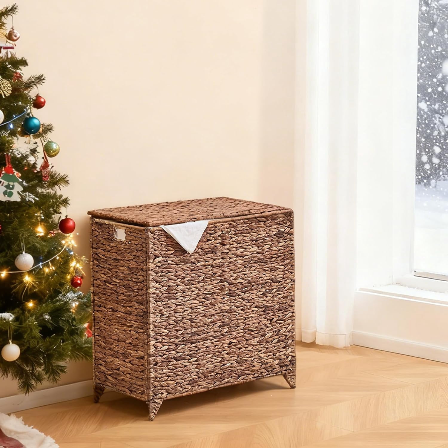 Casa Pura Furniture Handwoven Large Laundry Hamper with Lid, 2 Removable Liner Bags, Heightened Feet, Natural Hyacinth Wicker Clothes Storage Basket for Towels & Clothing