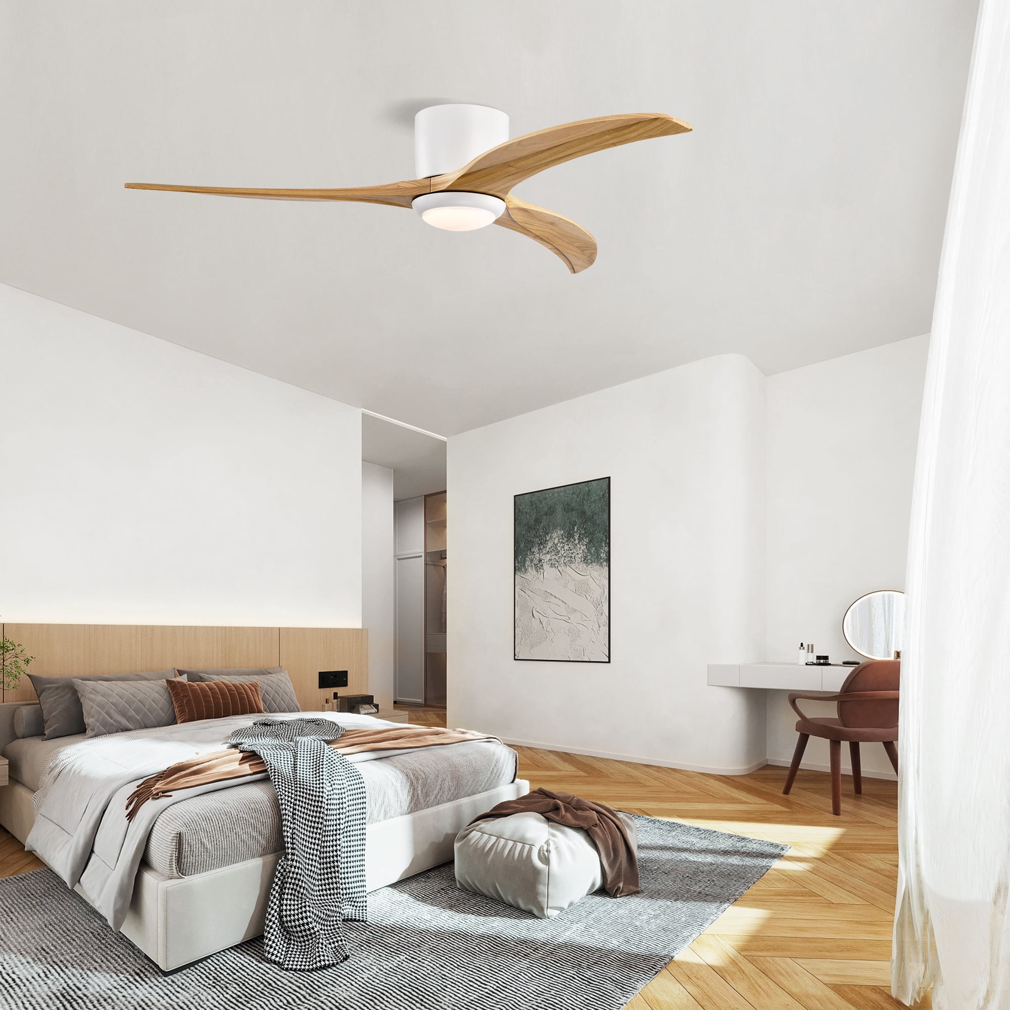 BOFANG Ultra Quiet Bedroom Ceiling Fan, Low Profile with Light & Remote, Modern 52 inch Design,Natural