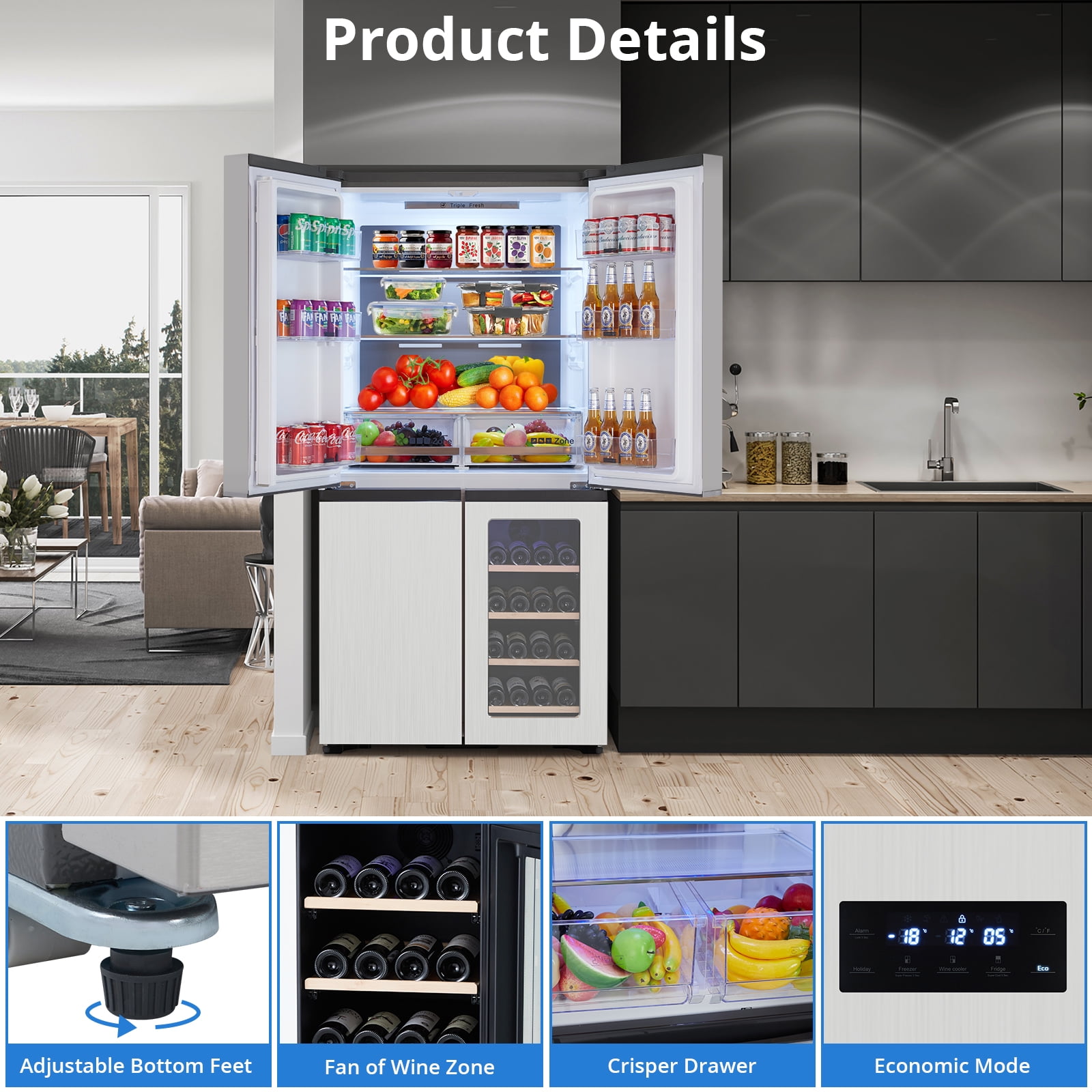 2024 New Stainless-Steel 4 Doors Fridges Kitchen-Freezer - 36 Inch French Door Refrigerator, 21 Cu.Ft. Counter Depth Refrigerator Bottom Freezer with Wine Cabinet and Adjustable Shelves