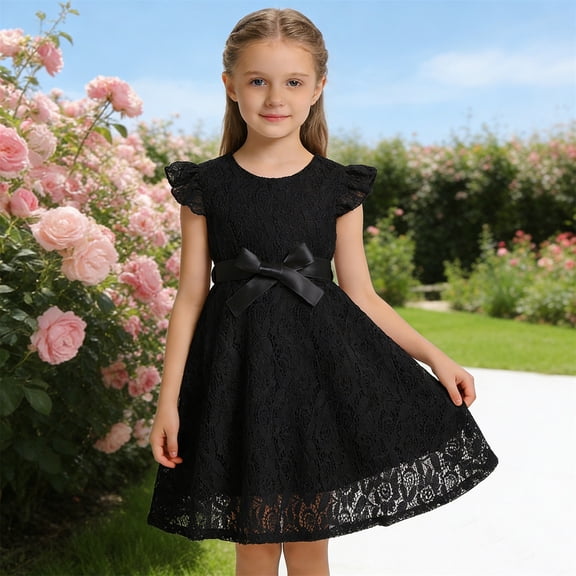 ZHOGXU Toddlers Kids Girls Lace Dress Summer Flying Sleeves Round Neck Solid Color Elegant Comfortable Dresses For Daily Wear And Party,Black,9-10 Years
