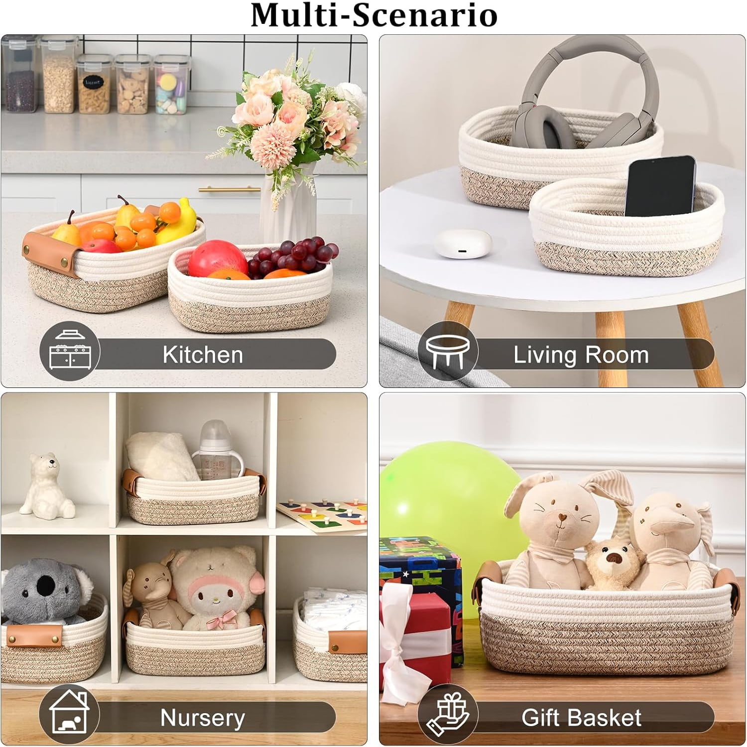 Natubeau Set of 6 Storage Basket for Organizing, Including 4 with Leather Handles & 2 Small Gifts Baskets, Rectangle Bins for Shelves, Brown & White