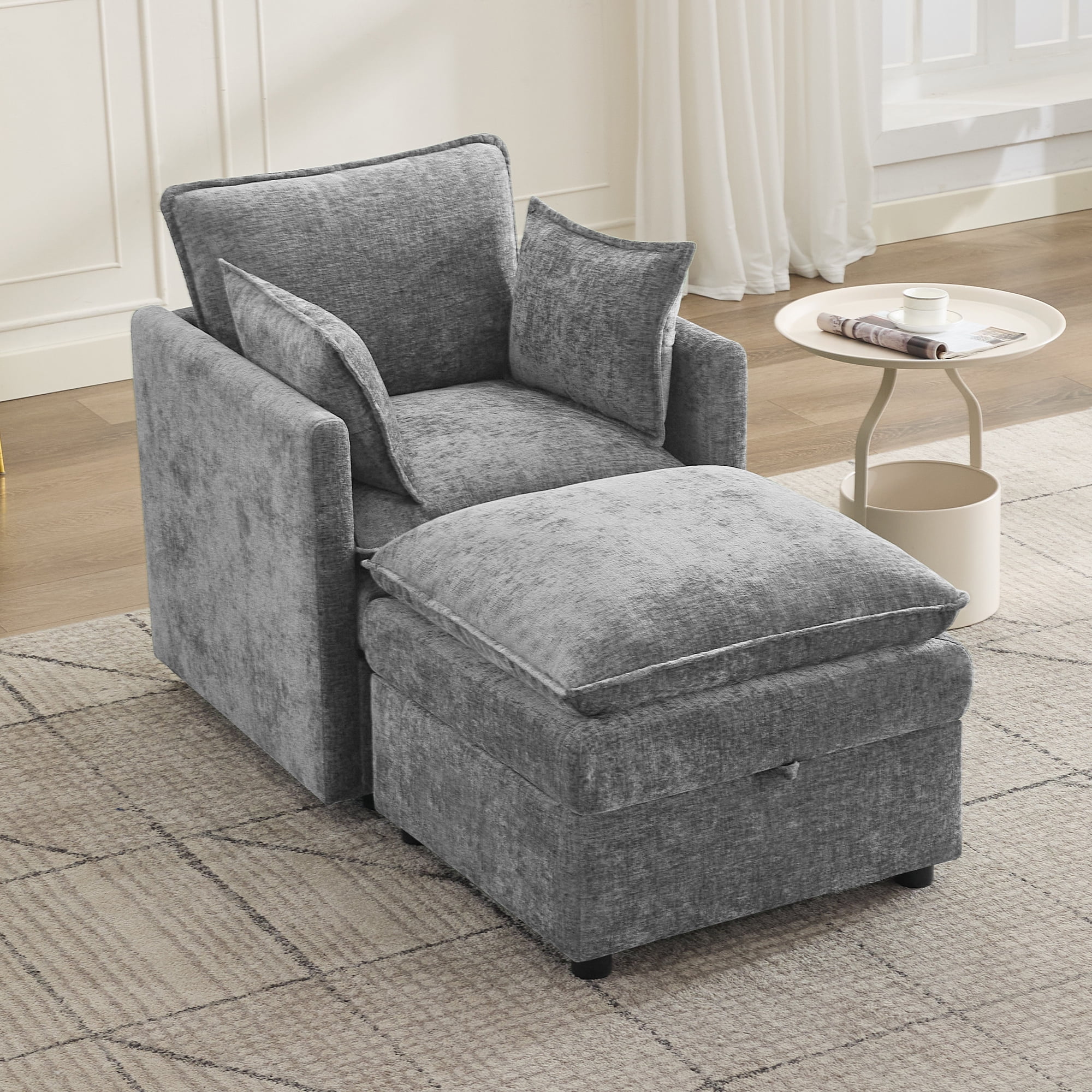 WUTUTUEE Cloud Modular Single Sofa Chair with Storage Ottoman, Modern Upholstered Chenille Accent Chair for Living Room, Bedroom, Small Space, Gray