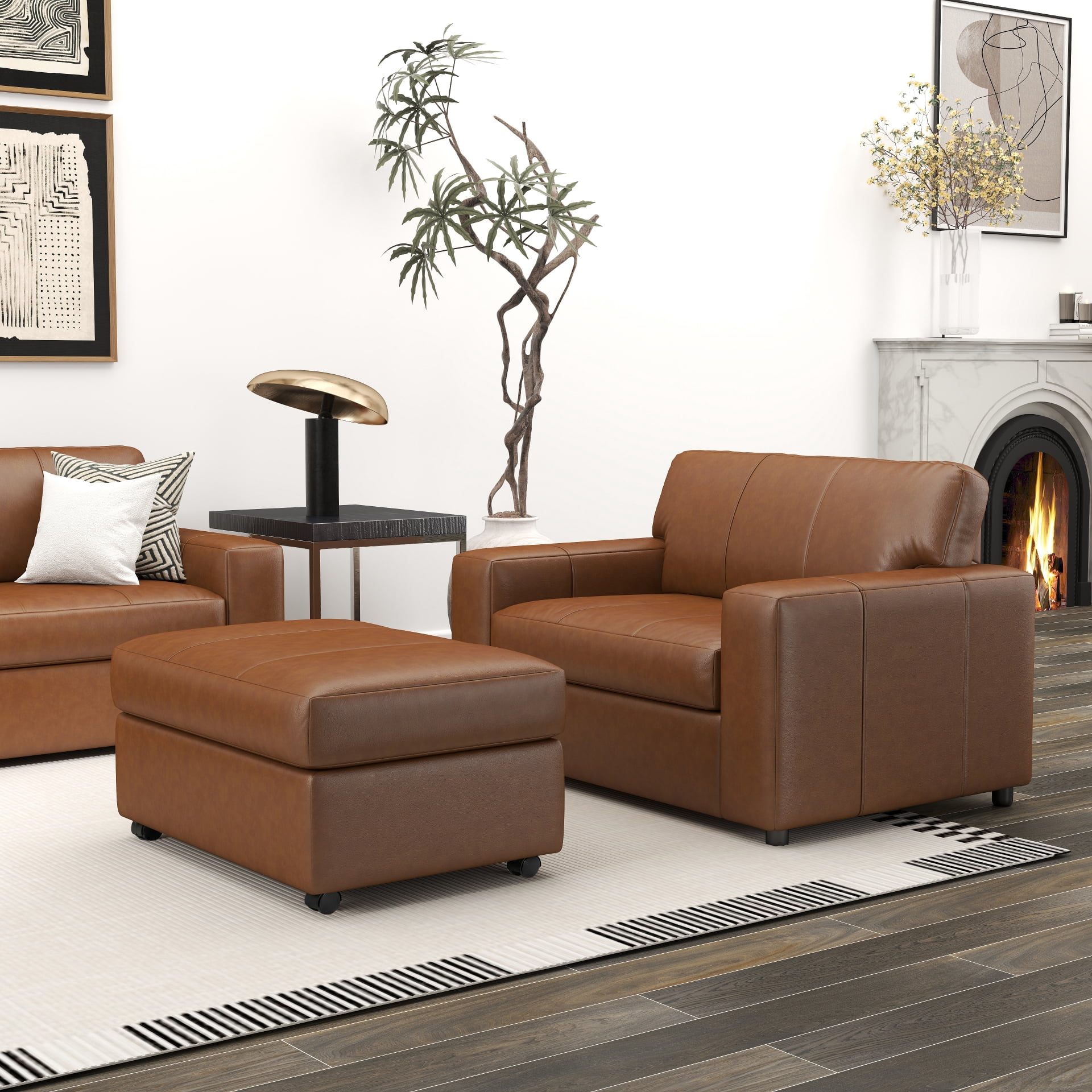 Roundhill Furniture Sakan Leather Upholstered 2-Piece Living Room Set, Cutler Chair and Ottoman