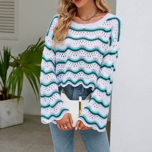 Suéter De Punto Jerséis básicos para mujer, informal, con cuello redondo a rayas en contraste, traje de vacaciones calado Cgtredaw L Verde para Mujer