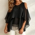 thumbnail image 2 of JIAYUE Women's T Shirt Crew Neck Off-shoulder Layered Ruffle Chiffon Tees Flowy Short Sleeve Sheer Casual Tops Spring Summer Loose Fit Shirts For Party Daily Vacation, 2 of 5