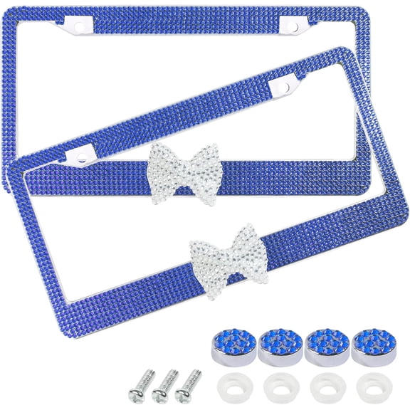Car Rhinestone License Plate Frame,Bling License Plate Frame,Cute Girly Car Accessories,Shiny Rhinestones Premium Licenses Plates Holder with Mounting Bolts,Fits Cars,SUVs (Dark Blue&White)