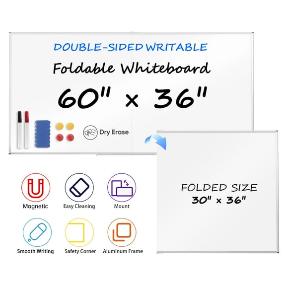 VUSIGN Foldable Double-Sided Writable Board, 60" x 36" Large Dry Erase Magnetic Whiteboard, 6'x3'Wall Mount for Classroom