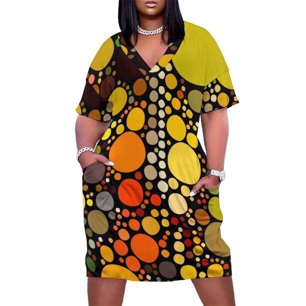Vestido holgado de verano para mujer traje moderno con bolsillos círculos de mediados de siglo marrón verde y naranja años 1980