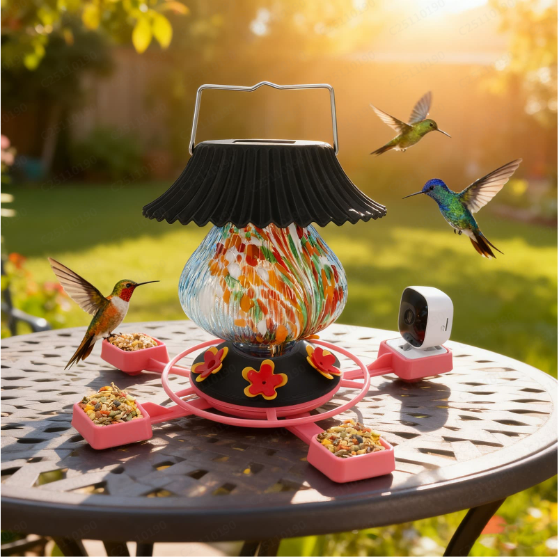 Hummingbird Feeder with Camera Solar Powered 1080P-, Automatically Identifies Species of Bird, Auto Recording, Leak-Proof Ant & Bee Proof Outdoor Hanging Feeder, for Bird Lovers