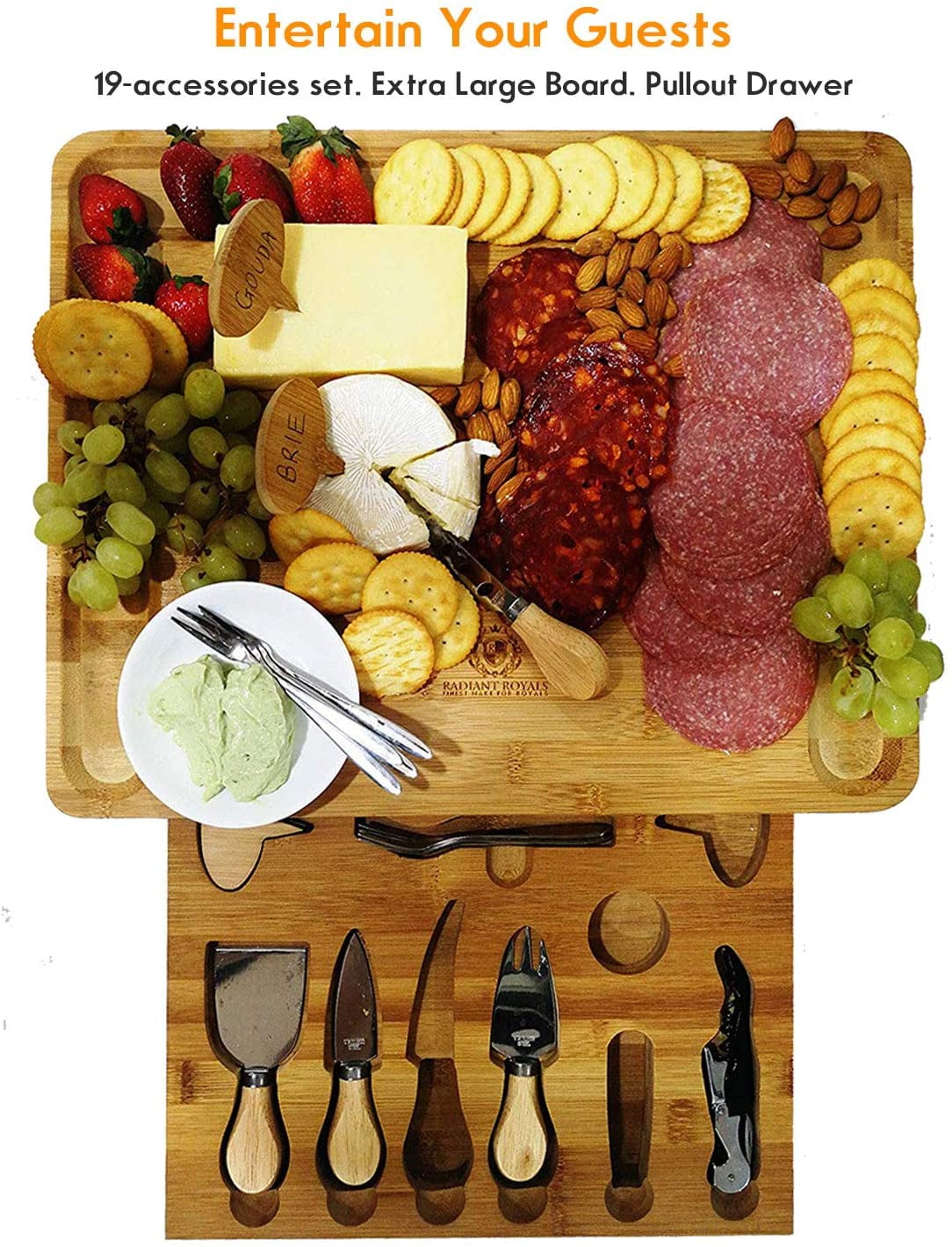 Serving Forks Men Women Birthday Markers and Wine Accessories Thanksgiving Gift Extra Large Cheese Plate Board with Hidden Magnetic Drawer holding Cheese Knives Unique Housewarming Gifts