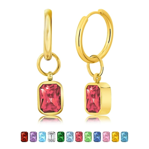 JeenMata Aros de 2 Quilates con Bisel de Piedra Natal de Julio y Corte Esmeralda, Rubí, Chapados en Oro Amarillo