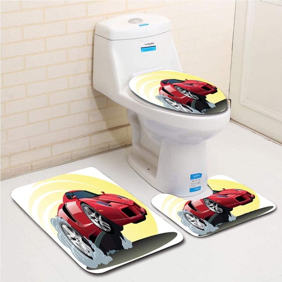 GOHAO Powerful Cartoon Car Speeding Jumping Smoke Coming Out Giant Tires 3 Piece Bathroom Rugs Set Bath Rug Contour Mat and Toilet Lid Cover