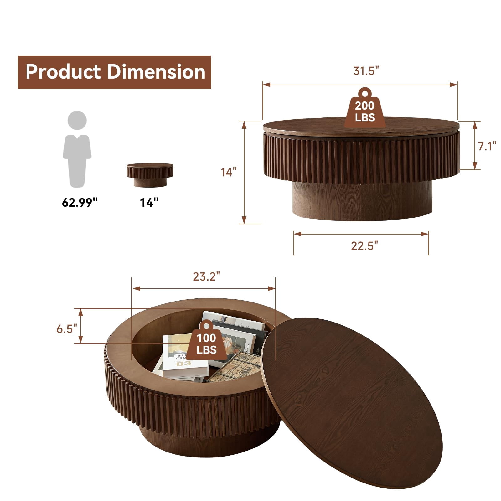 31.5" Round Fluted Drum Coffee Table with Hidden Storage, Modern Slatted Accent Table for Living Room & Small Spaces,Walnut