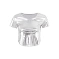 thumbnail image 3 of iEFiEL Womens Metallic Curved Hem Crop Top Short Sleeve T-shirt Rave Party Club Dance Tops Silver A XL, 3 of 7