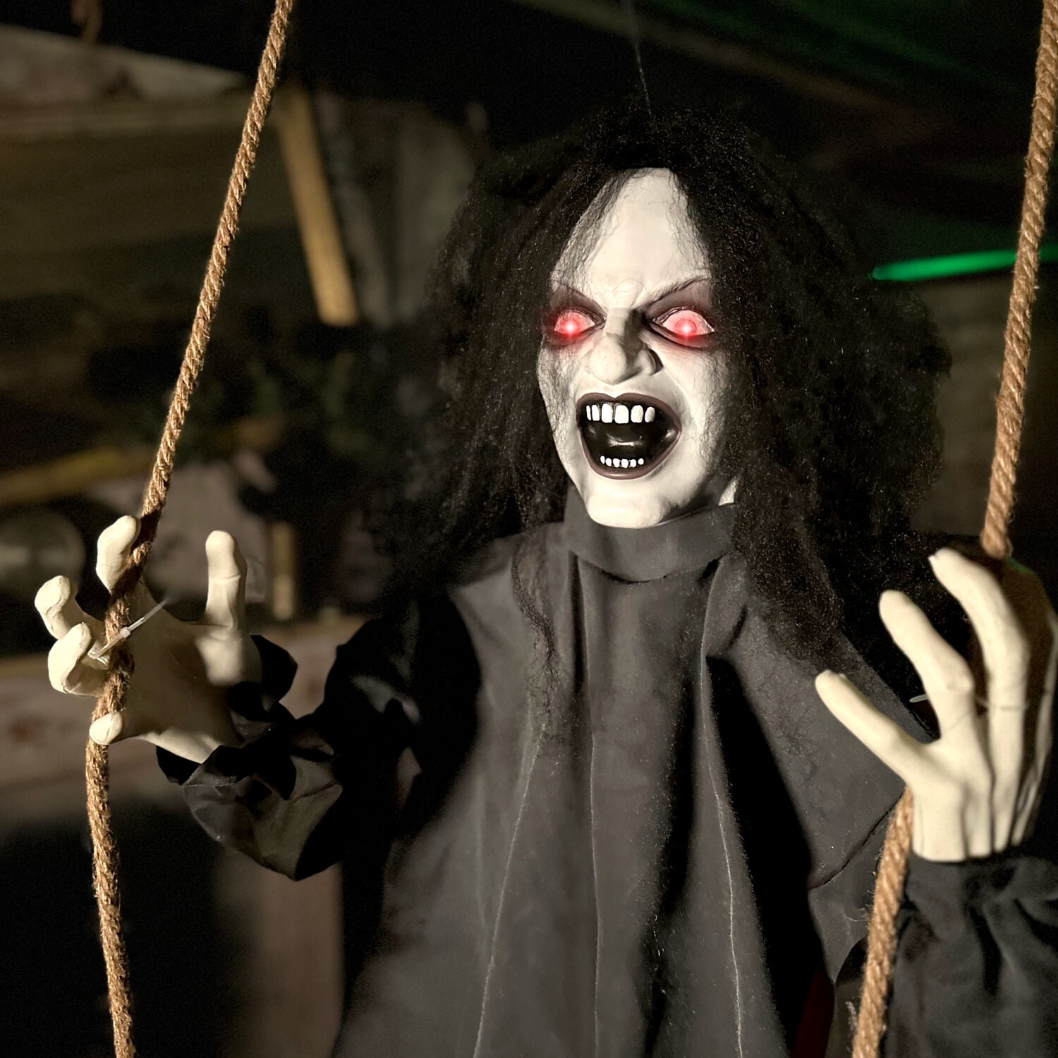 Haunted Hill Farm 15.7 in Animatronic Demon Woman on Swing with Lights and Sound, Halloween Decoration, HHGIRL-10HLSA
