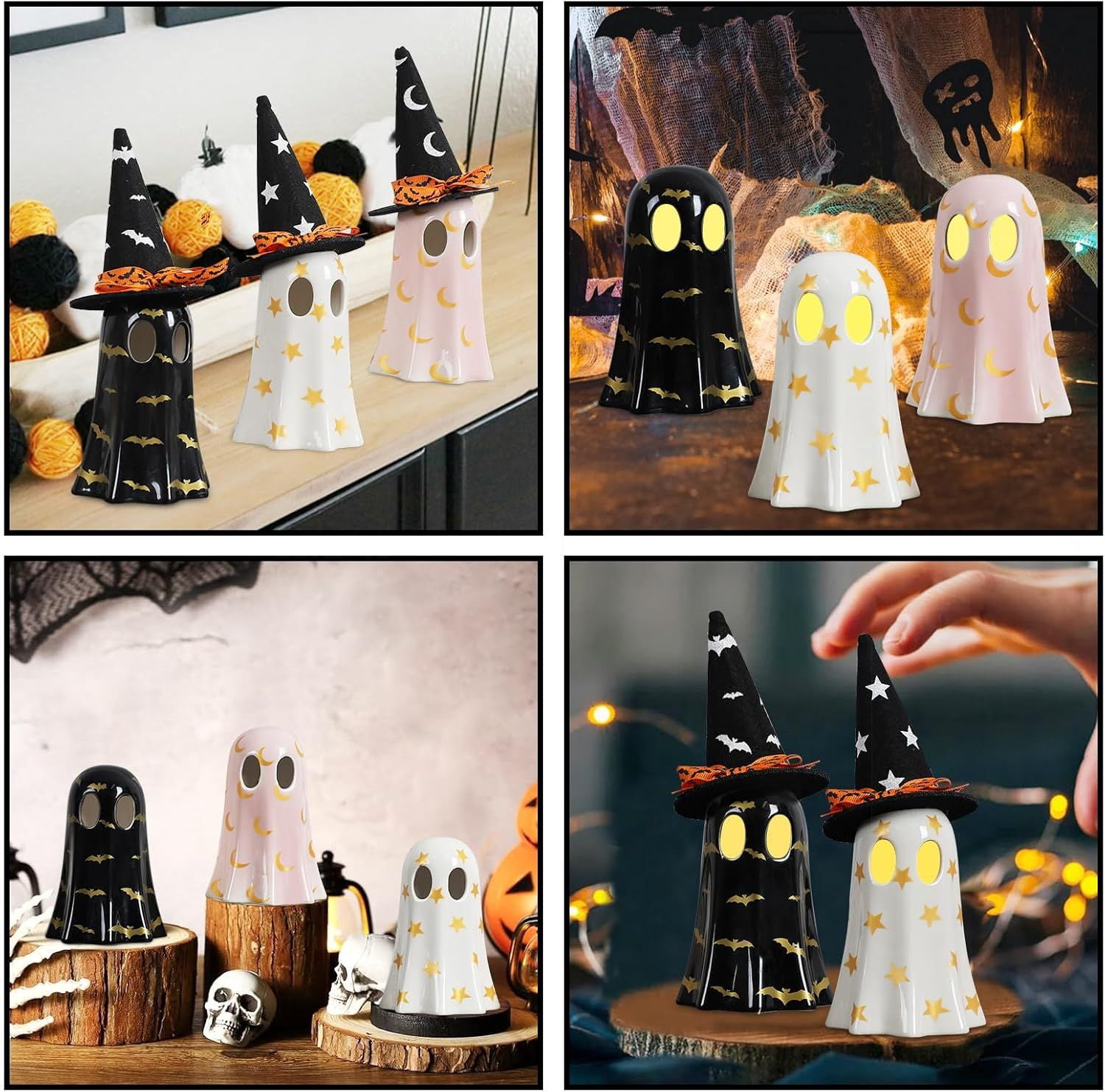 Halloween Decorations Indoor, Set of 3 Ceramic Ghosts with Witch Hats, Cute Spooky Halloween Ghost Figurines for Mantel, Shelf & Tabletop Decor