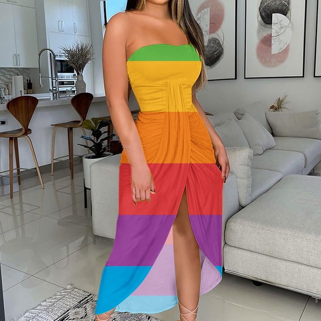 SMihono Robe Maxi Bohème d'Été pour Femmes Grande Taille Robe Longue Imprimée Sans Bretelles Robe de Plage Fendue Robe de Soirée Club Robe de Plage