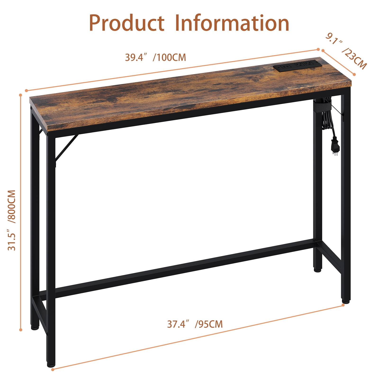 HOSSLLY Console Table with Outlets, Sofa Table with Charging Station, Industrial Entryway Table Foyer Table for Entryway, Front Hall, Hallway, Sofa, Couch, Living Room,Kitchen, Rustic Brown