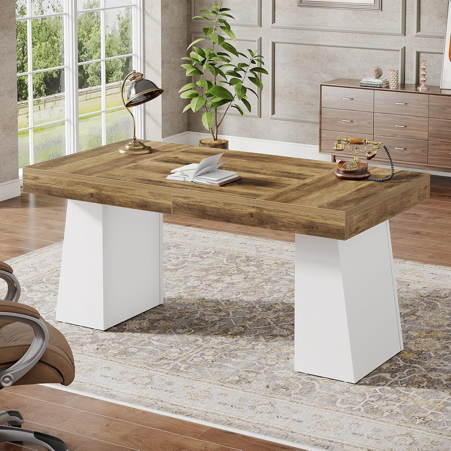 Tribesigns Modern Wood Executive Desk, 55" Computer Table Office Desk, Small Conference Table, White & Brown