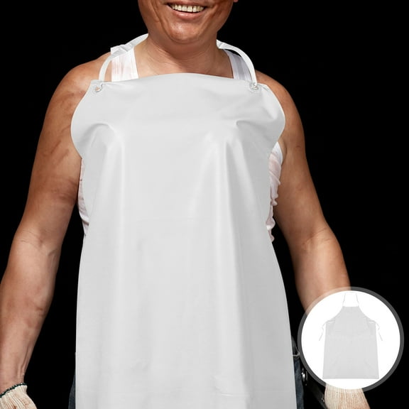 HOOWIFFY White Waterproof PVC Apron Lightweight with Neck Strap for Seafood Restaurant Use