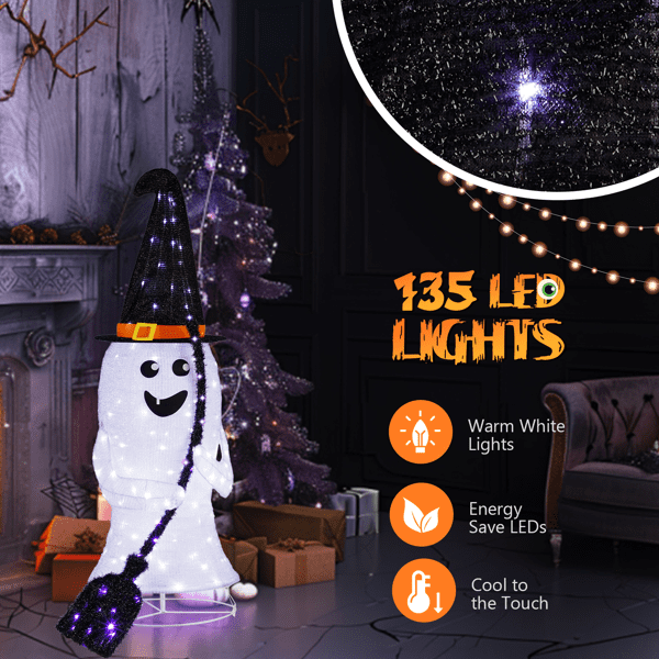 Alvantor 4 ft Lighted Pop-Up Ghost Halloween Decoration with Witch Hat, Broom and 135 White and Purple LEDs, Black and White