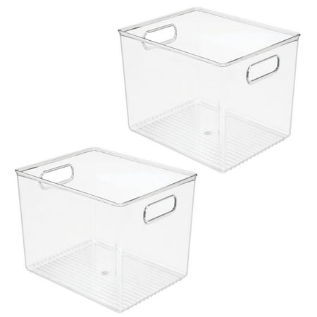mDesign Plastic Tall Deep Organizing Tray Kitchen Pantry Cabinet, Refrigerator, Freezer Food Organization Storage Bins with Handles, Drawer Container Organizer - Ligne Collection - 2 Pack - Clear