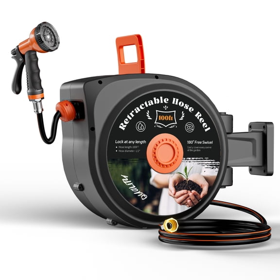 TABU Retractable Garden Hose Reel, 1/2 Inch x 100 FT Hose Reel with 10 Pattern Nozzle, Slow Return System & 180°Swivel Bracket