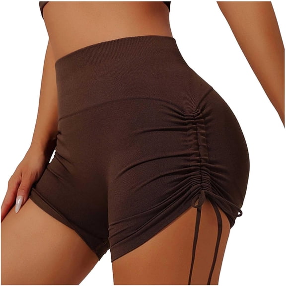 felwors High Waisted Yoga Shorts Ruched Drawstring Tummy Control Lifting Athletic Running Coffee for Size S
