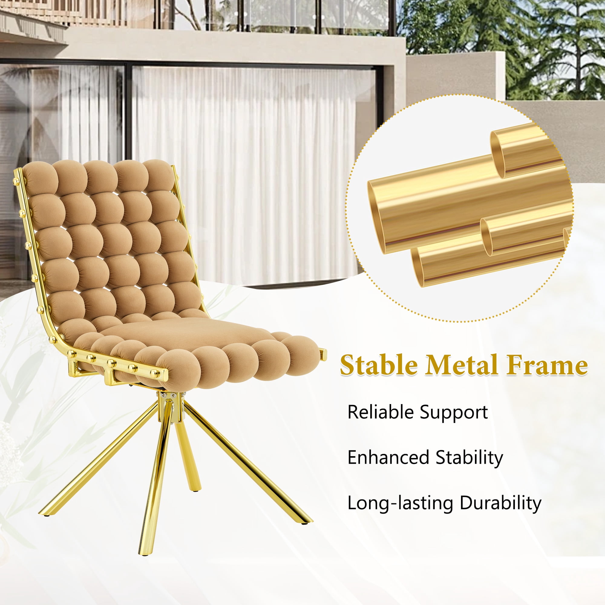 Aukfa Velvet Swivel Dining Chairs Set of 2, Modern Bubble Tufted Kitchen Side Chairs, Gold Metal Legs,Brown