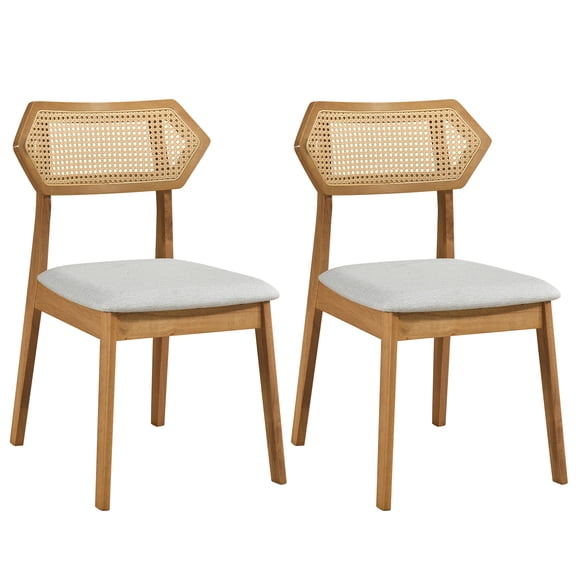Costway 2 PCS Rattan Dining Chairs, Upholstered Kitchen Chairs with Rattan Back & Wood Frame Natural