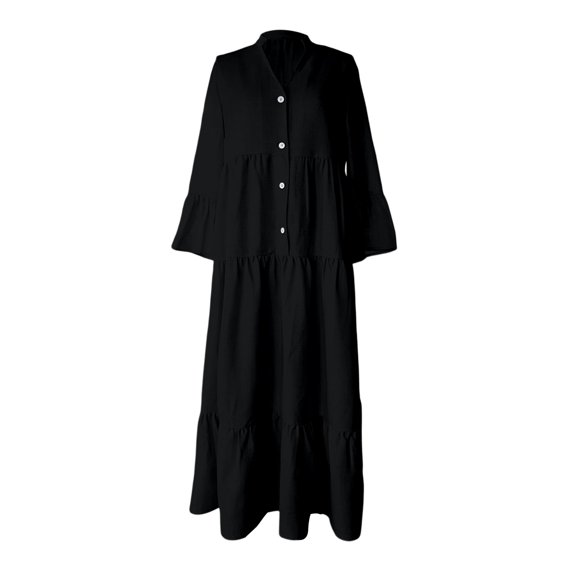 Rggeeun Women'S Dresses Solid Color Loose Fit Ankle-Length Long Sleeve V Neck Waist Shirring Design Soft Breathable With Front Buttons & Pleated Ruffle For Summer Office Stylish Playwear,Black,L