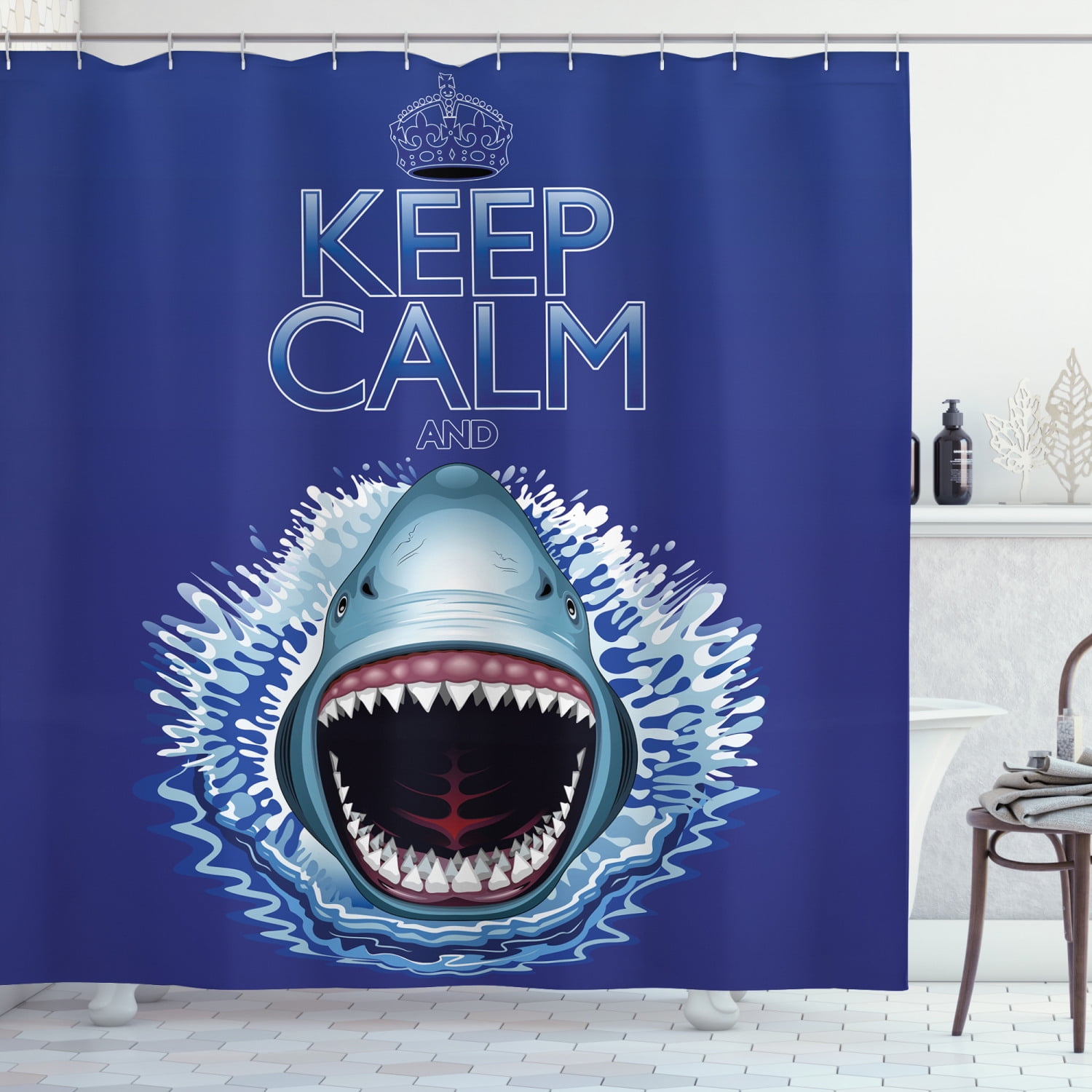 Sea Animals Decor Shower Curtain Set, Keep Calm And Shark Jaws Attack