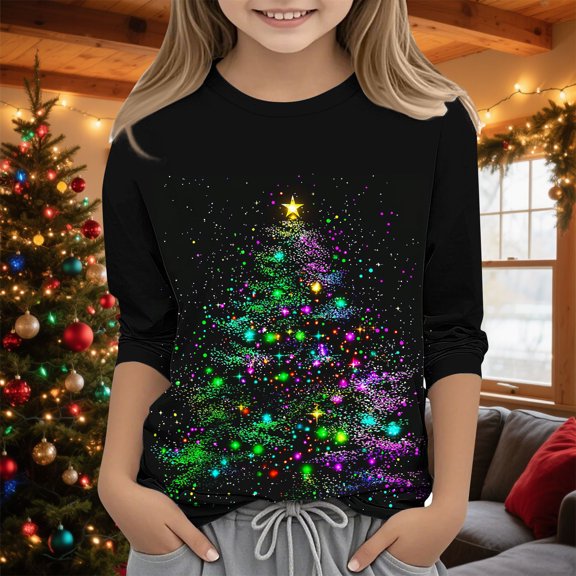 hengsof Girls Kids Merry Christmas Shirt Funny Xmas Graphic Three Quarter Sleeve Tee Holiday Casual Family Party Matching Tops